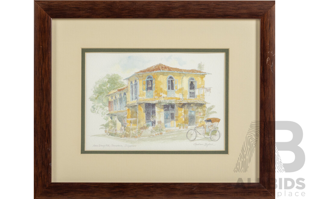 Graham Byfield, (20th Century, British), Club Street Chinatown, Ann Siang Hill & The Raffles Hotel, Singapore, Lovely Trio of Framed Colour Prints After Original Watercolours, 24 x 29 cm (frames) (3)