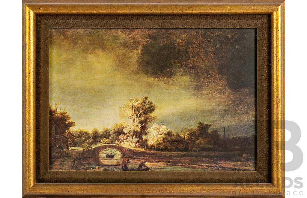 Rembrandt Van Rijn,  (Dutch Golden Age/Baroque, Dutch, 1606-1669), Landscape with a Stone Bridge, Vintage Reproduction Print After the Original Oil c1638, 27 x 36 cm (frame)