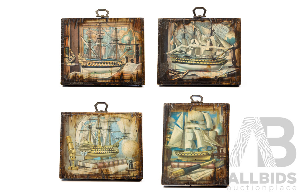 Artists Unknown, (20th Century), Nice Collection of Four Vintage Miniature Decoupage Grand Ships on Burnished Wooden Panels, 11 x 13 cm & 13 x 11 cm (4)