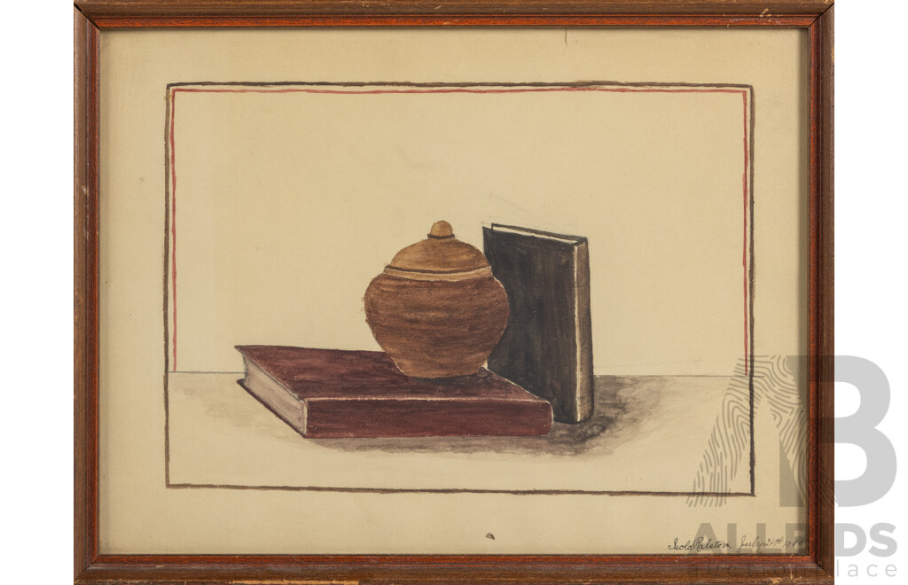 Isola Ralston, (20th Century), Still Life - Lidded Pot and Books, Original Antique Watercolour, 25 x 32 cm (frame)