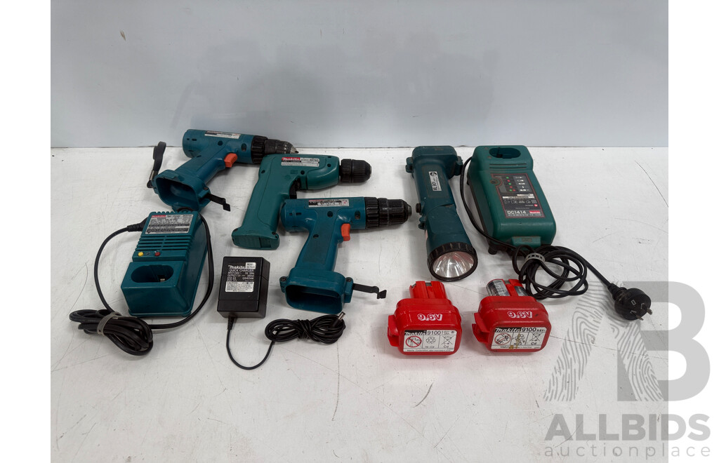 Box of Assorted Makita Cordless Power Drills + 2 X Chargers + Batteries