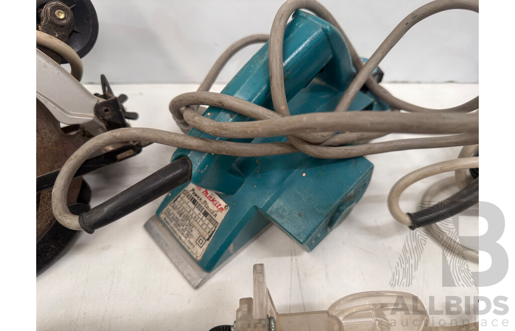 Box of Assorted Makita Power Tools - Circular Saw + Wood Trimmer + Power Planer + Angle Grinder