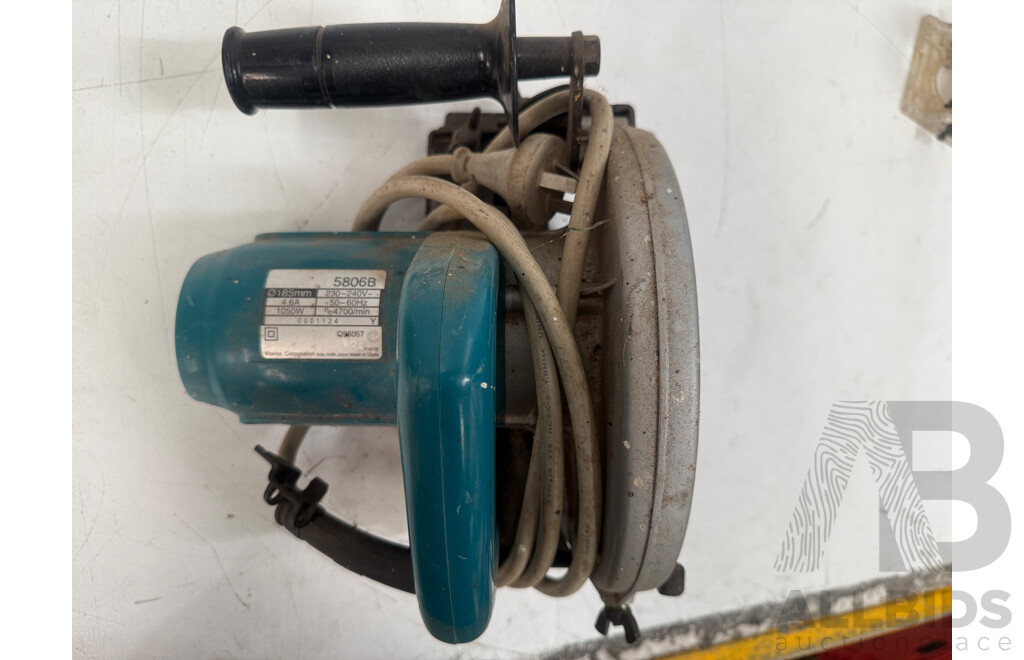 Box of Assorted Makita Power Tools - Circular Saw + Wood Trimmer + Power Planer + Angle Grinder