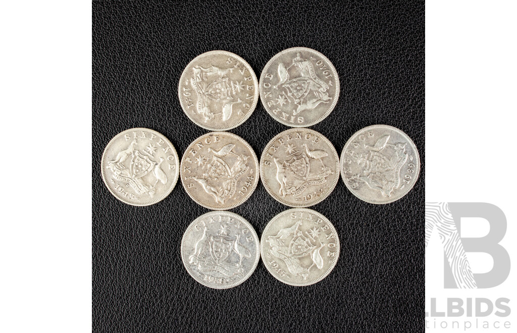 Eight Australian KGVI Silver Sixpence Including 1938, 1939, 1940, 1941, 1942, 1943D, 1944S, 1945 .925