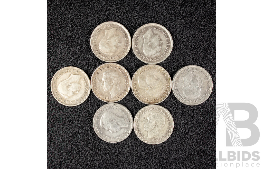 Eight Australian KGVI Silver Sixpence Including 1938, 1939, 1940, 1941, 1942, 1943D, 1944S, 1945 .925