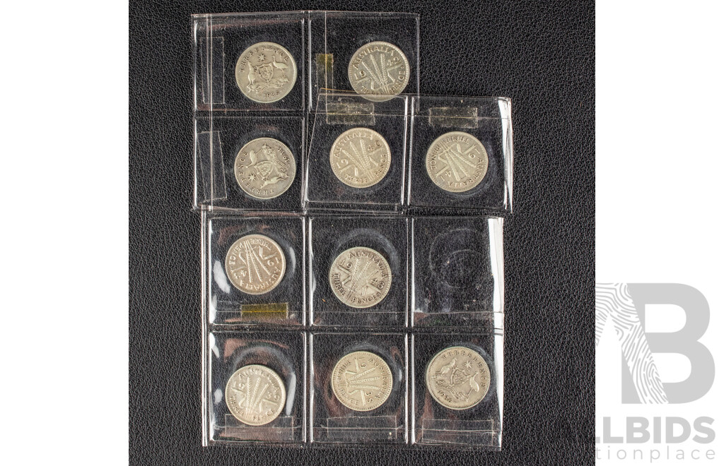 Ten Australian KGV/KGVI Silver Threepence Including 1934, 1935, 1936, 1938, 1939, 1940, 1941, 1942, 1943D, 1943S .925