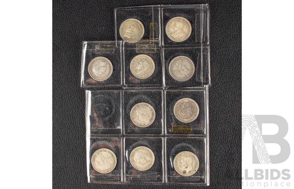Ten Australian KGV/KGVI Silver Threepence Including 1934, 1935, 1936, 1938, 1939, 1940, 1941, 1942, 1943D, 1943S .925