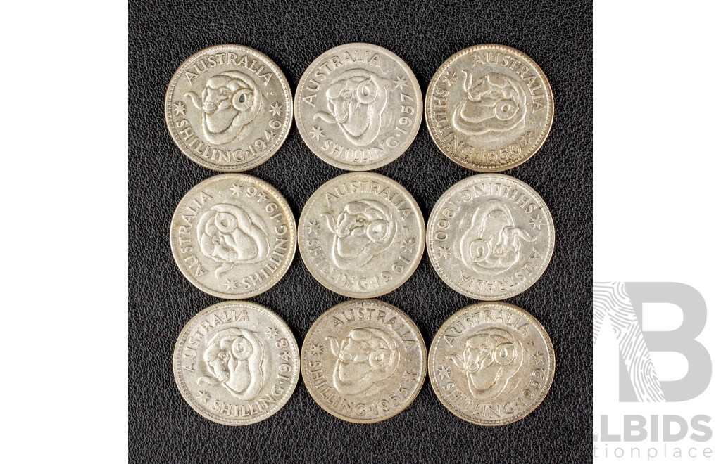Nine Australian KGVI Silver Shillings Including 1946(2) 1948, 1950, 1952, 1955, 1957, 1960, 1961 .500