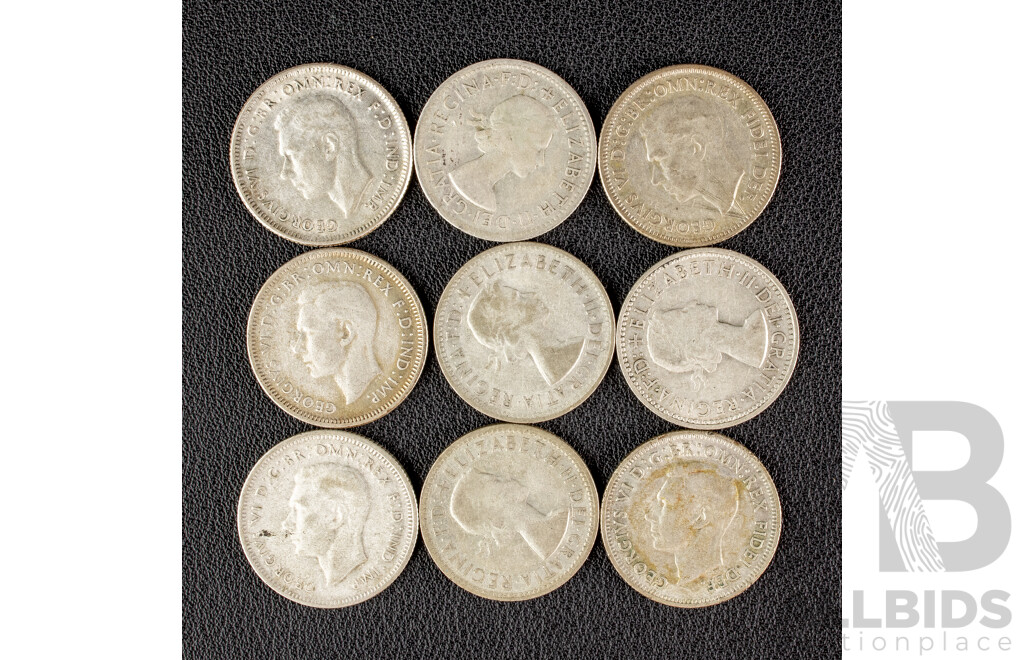 Nine Australian KGVI Silver Shillings Including 1946(2) 1948, 1950, 1952, 1955, 1957, 1960, 1961 .500