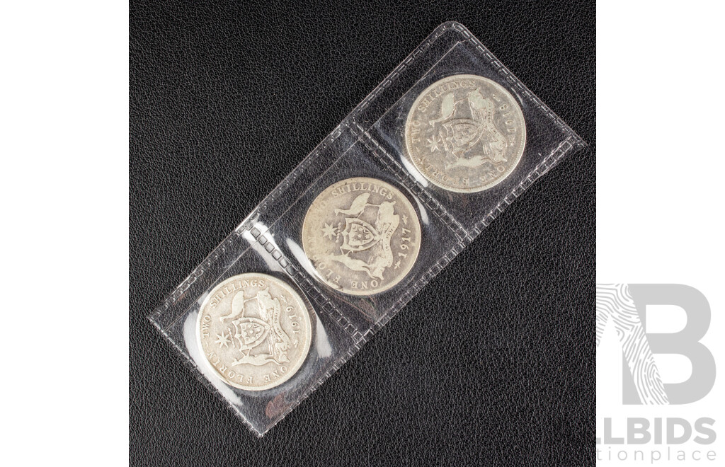 Three Australian KGV Melbourne Mint Silver Florins Including 1917M, 1918M, 1919M .925
