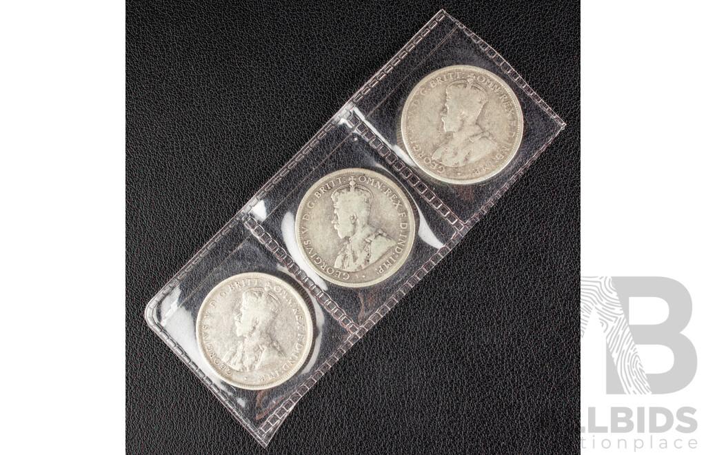 Three Australian KGV Melbourne Mint Silver Florins Including 1917M, 1918M, 1919M .925