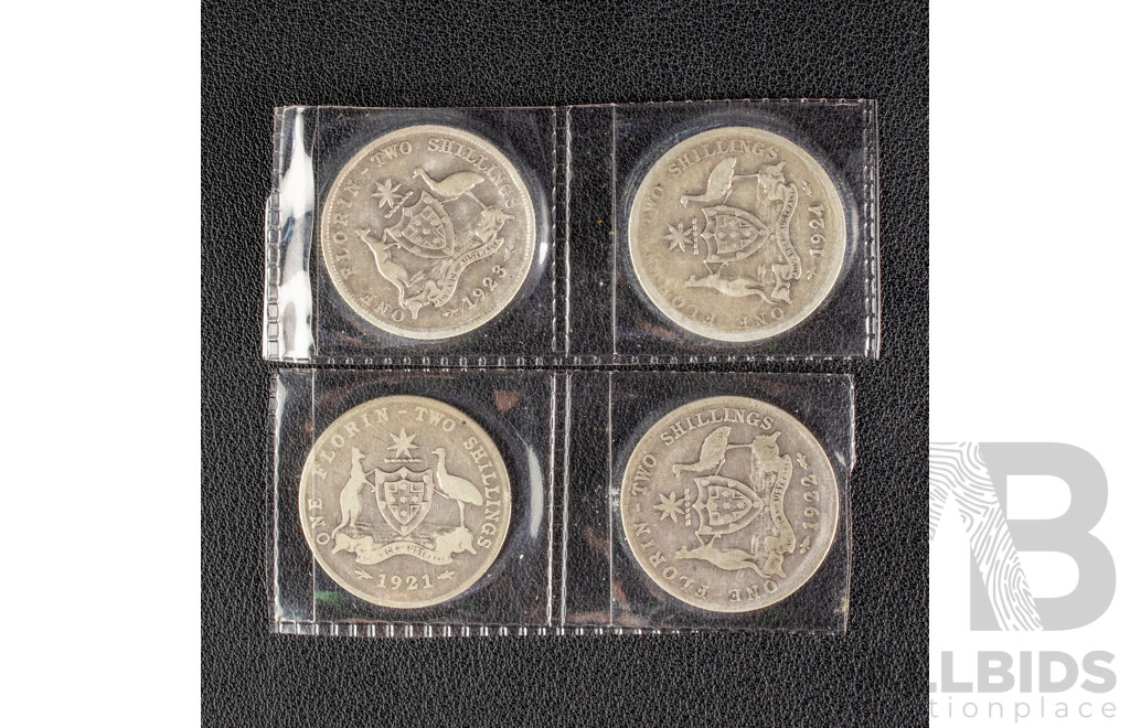 Four Australian KGV Silver Florins Including 1921, 1922, 1923, 1924 .925
