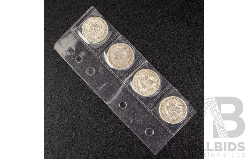 Four Australian KGV Silver Florins Including 1925, 1926, 1927, 1928 .925