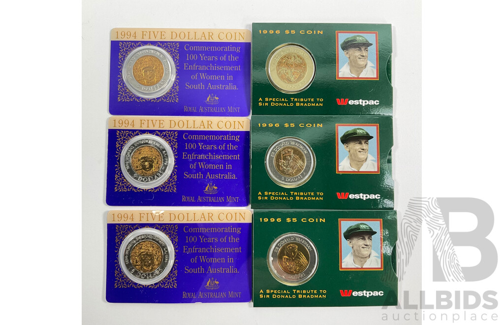 Six Australian RAM Commemorative Five Dollar Coins, Three 1994 One Hundred Years of the Enfranchisement of Women in South Australia and Three 1996 Tribute to Donald Bradman