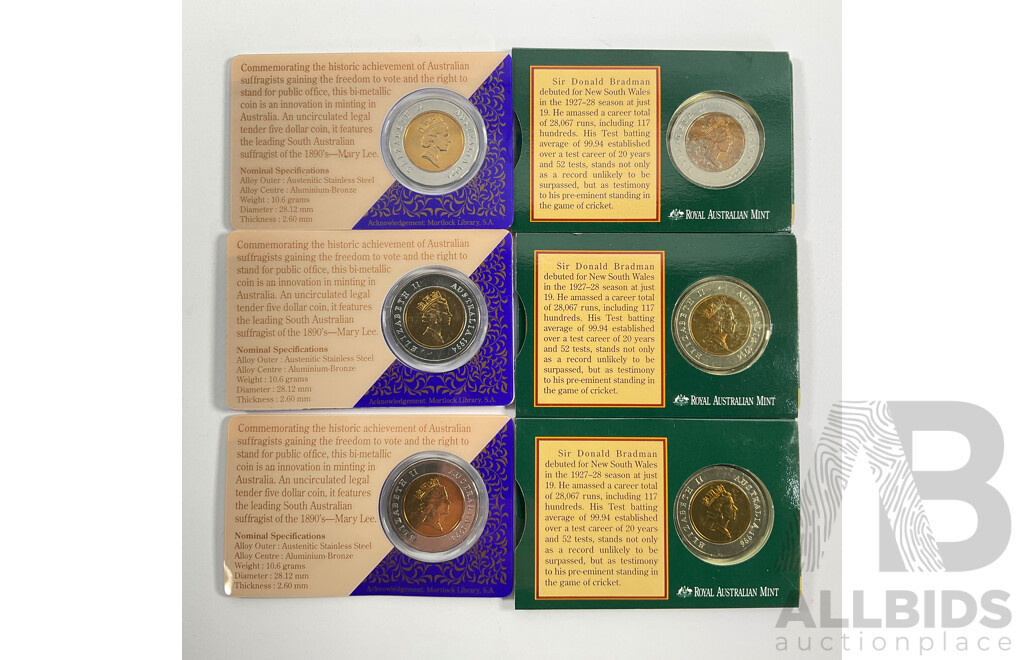 Six Australian RAM Commemorative Five Dollar Coins, Three 1994 One Hundred Years of the Enfranchisement of Women in South Australia and Three 1996 Tribute to Donald Bradman