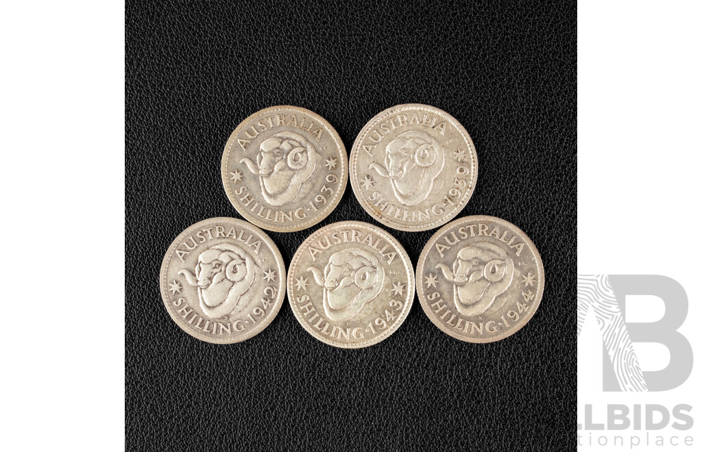 Five Australian KGVI Silver Shillings Including 1939(2) 1942, 1943, 1944 .925