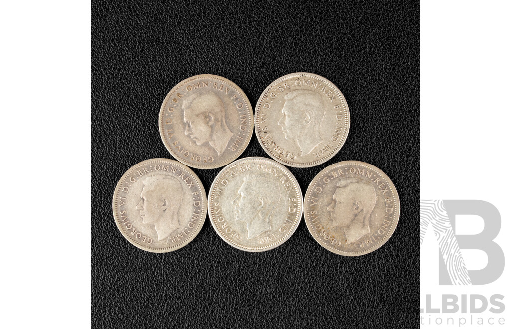 Five Australian KGVI Silver Shillings Including 1939(2) 1942, 1943, 1944 .925