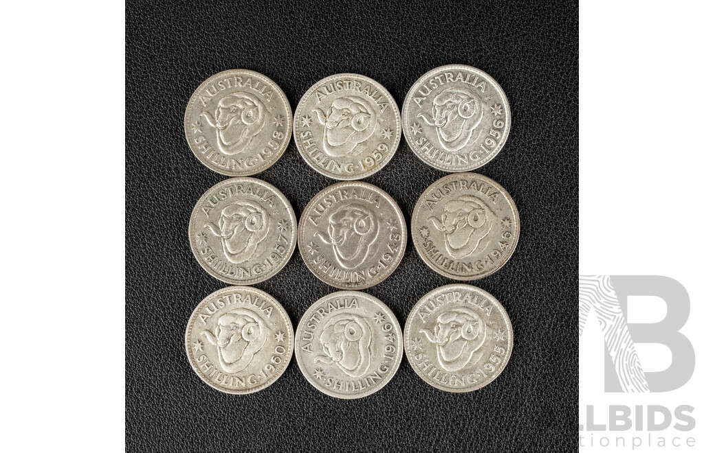 Nine Australian Silver Shillings Including 1946(2), 1948, 1955, 1956 1957, 1958, 1959, 1960 .500