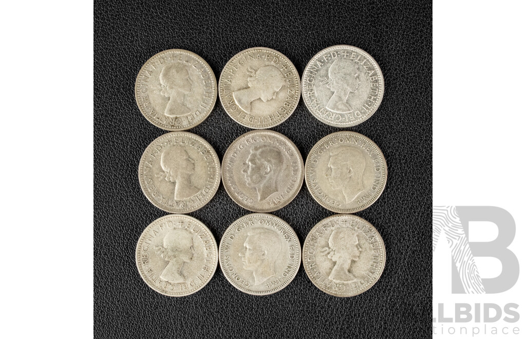 Nine Australian Silver Shillings Including 1946(2), 1948, 1955, 1956 1957, 1958, 1959, 1960 .500