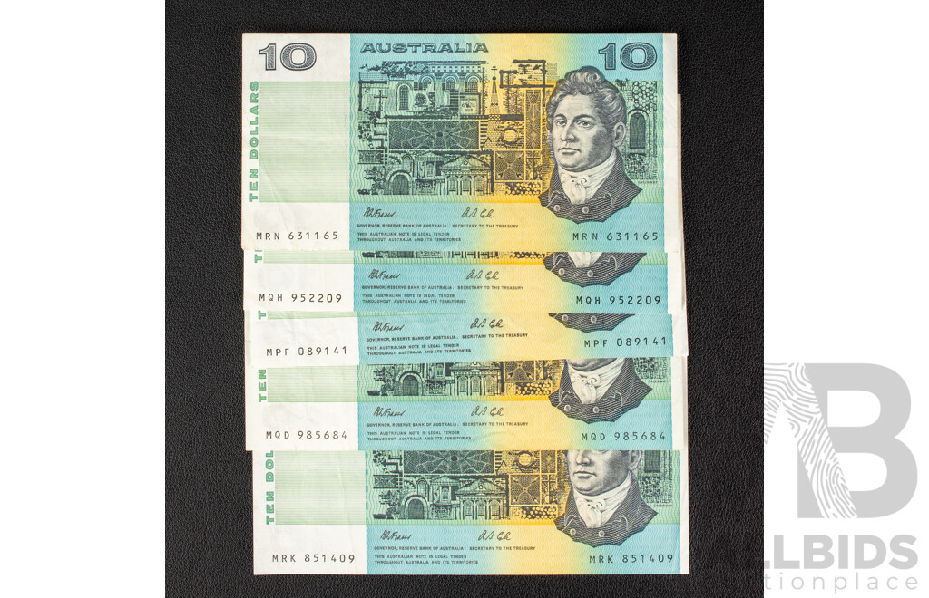 Five Australian 1991 Ten Dollar Notes, Fraser/Cole R313b