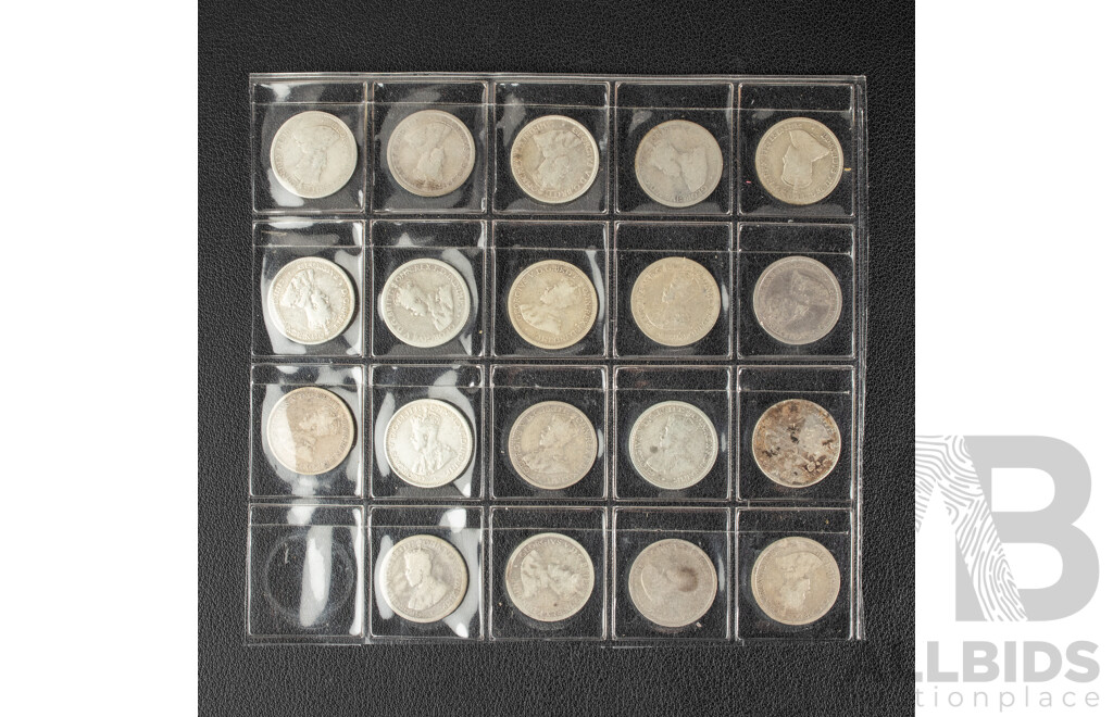 Nineteen Australian KEVII/KGV Silver Sixpence Including 1910, 1911, 1912, 1914, 1916, 1917, 1919, 1920M Consecutive to 1928, 1934, 1935, 1936 .925