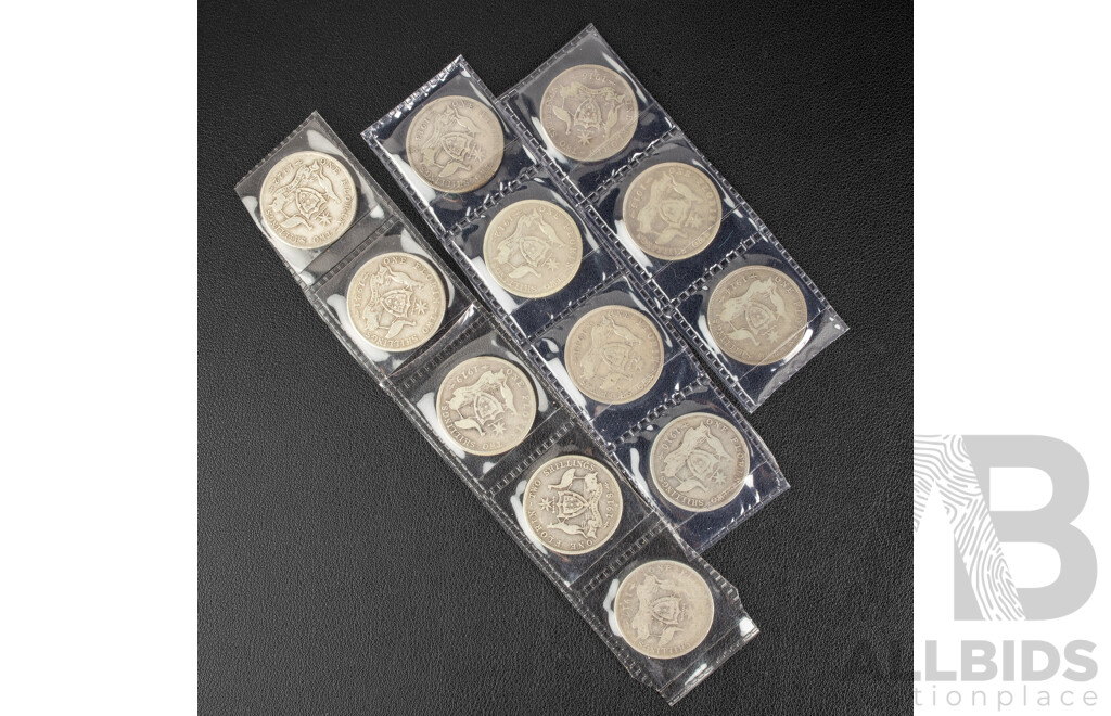 Twelve Australian KEVII/KGV Silver Florins Including 1910, 1911, 1912, 1913, 1914, 1915, 1916M, 1917M, 1918M, 1919M, 1921, 1922 .925