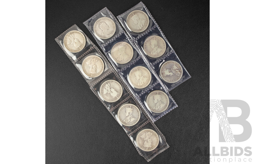 Twelve Australian KEVII/KGV Silver Florins Including 1910, 1911, 1912, 1913, 1914, 1915, 1916M, 1917M, 1918M, 1919M, 1921, 1922 .925
