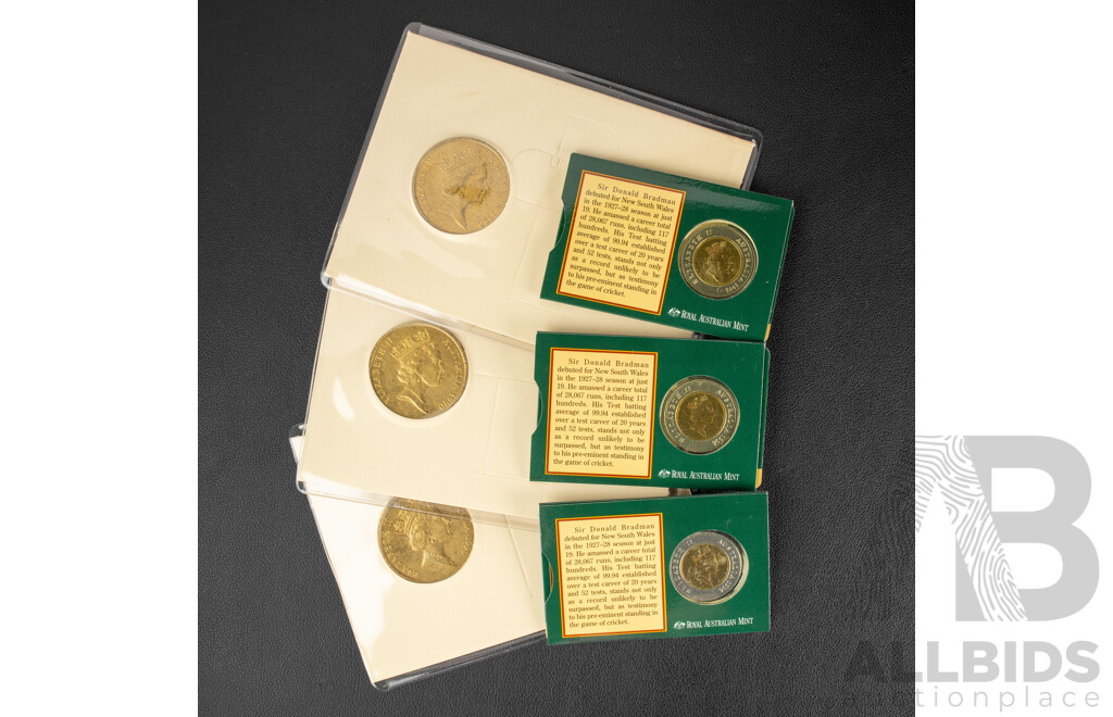 Six Australian Commemorative Five Dollar Coins Including Three 1990 ANZAC 75th Anniversary and Three 1996 Donald Bradman Tribute