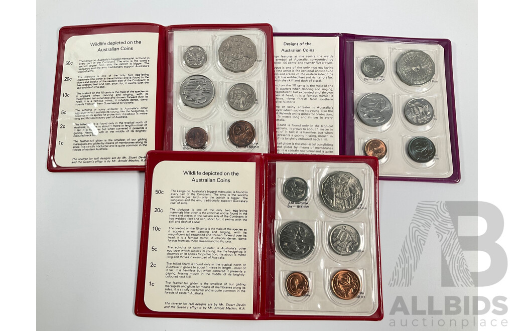 Three Australian RAM UNC Coin Sets, 1976, 1977, 1978