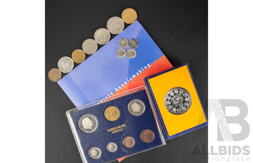 Netherlands 1985 Silver Plated Coin, Forty Years of Liberation, 1980 UNC Year Set, 2001-2002 Dutch Euro Starter Set, Netherlands and German Coins