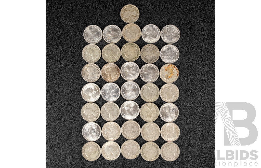Thirty Six Australian Silver Sixpence Including 1960, Thirteen 1961, Sixteen 1962, Six 1963 .500