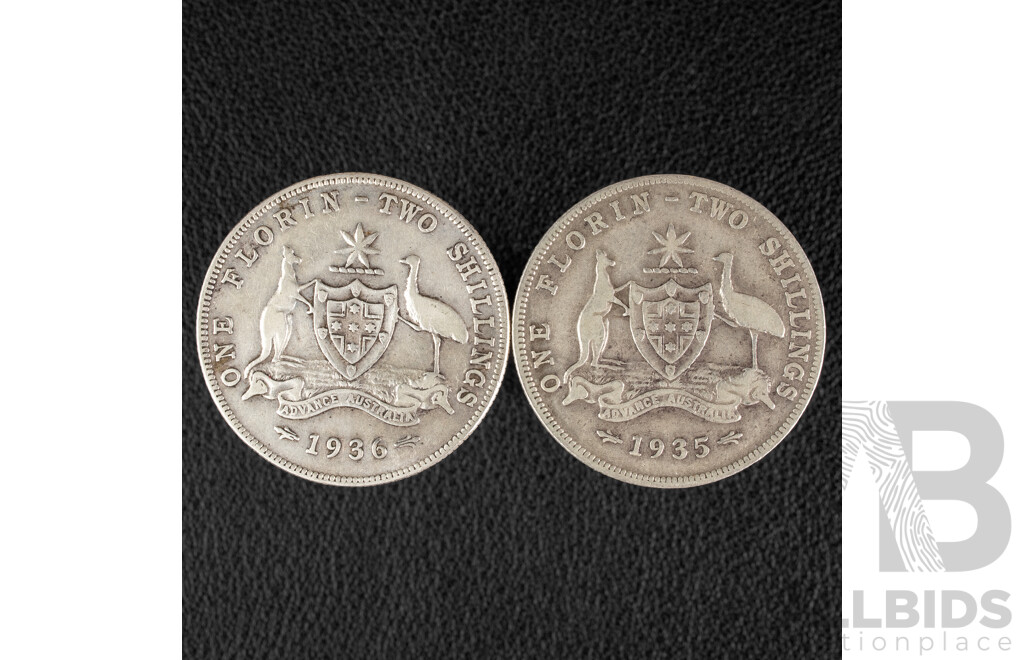 Two Australian KGV Silver Shillings, 1935 and 1936 .925