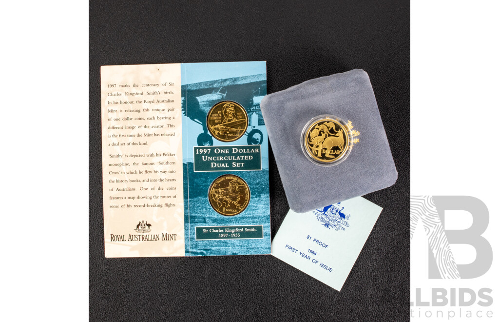 Australian RAM 1984 Proof One Dollar Coin, First Year Issue with 1997 Dual One Dollar Set, Kingsford Smith