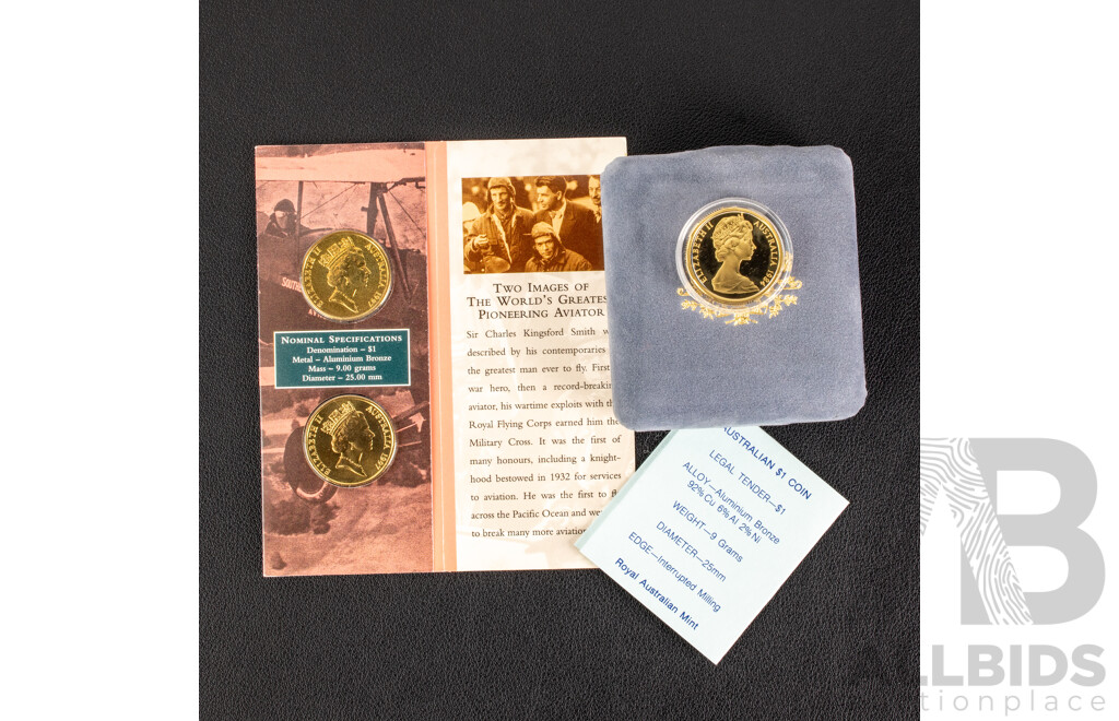 Australian RAM 1984 Proof One Dollar Coin, First Year Issue with 1997 Dual One Dollar Set, Kingsford Smith