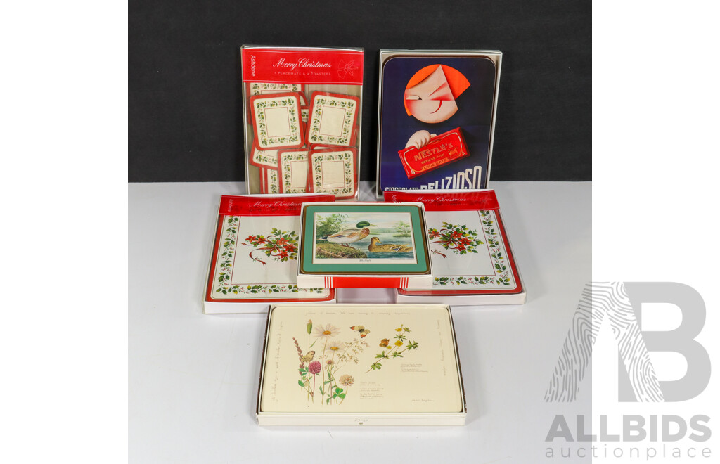 Collection of Vintage Place Mats and Coasters Including Pimpernel Matching North American Water Birds Set, Casa Collection Nestle 100th Anniversary Set, Christmas Themed Sets