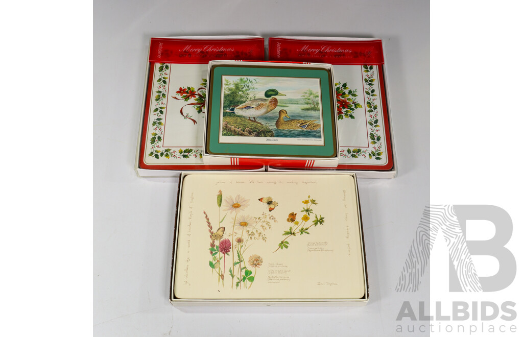 Collection of Vintage Place Mats and Coasters Including Pimpernel Matching North American Water Birds Set, Casa Collection Nestle 100th Anniversary Set, Christmas Themed Sets