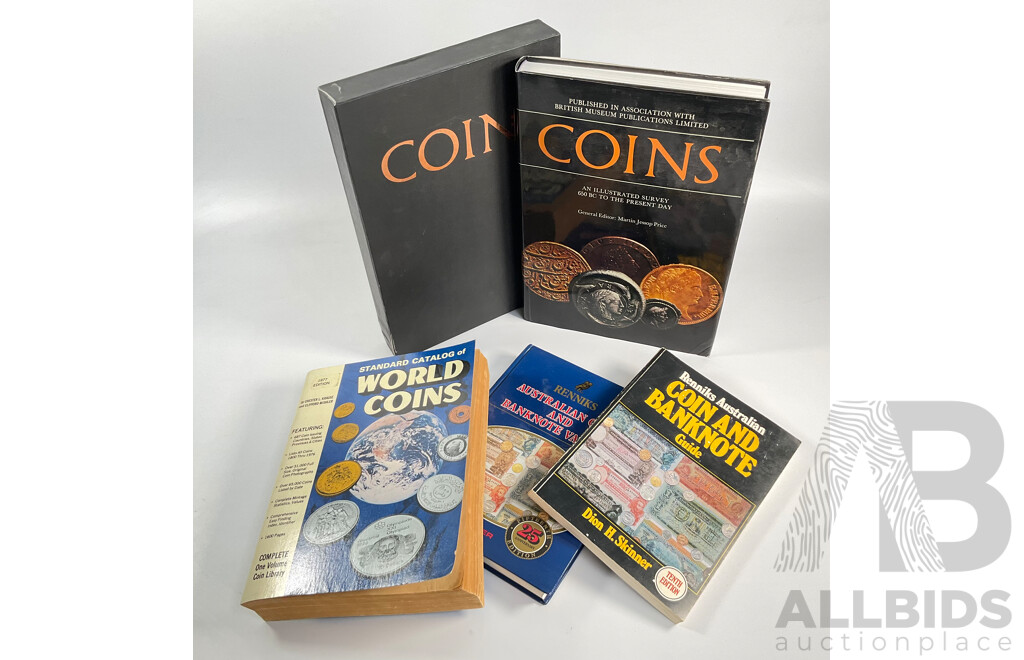 Four Books Relating to the Study of Coins Including Coins, an Illustrated Survey 650BC to the Present Day, Renniks Coin and Banknote Guide and Australian Coin and Banknote Values, Standard Catalogue of World Coins