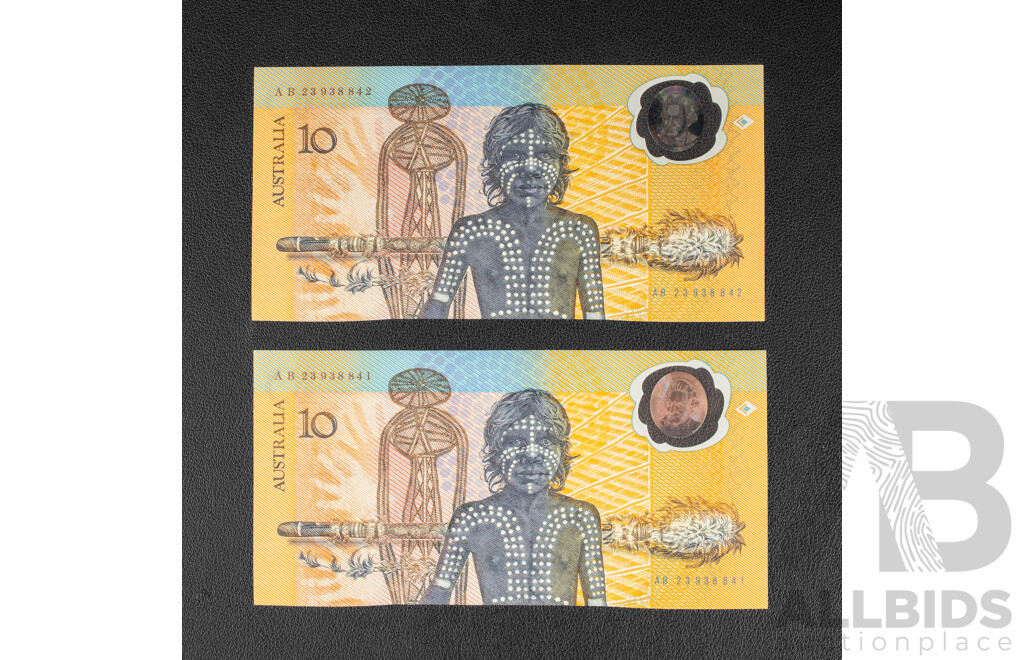 Two Australian 1988 Bicentennial Ten Dollar Notes, Johnston/Fraser, First Issue R310a Consecutive AB 23938841 - AB 23938842
