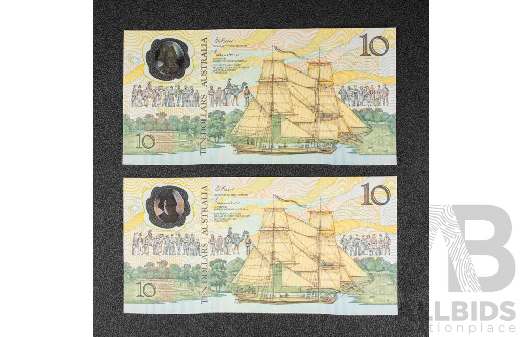 Two Australian 1988 Bicentennial Ten Dollar Notes, Johnston/Fraser, First Issue R310a Consecutive AB 23938841 - AB 23938842