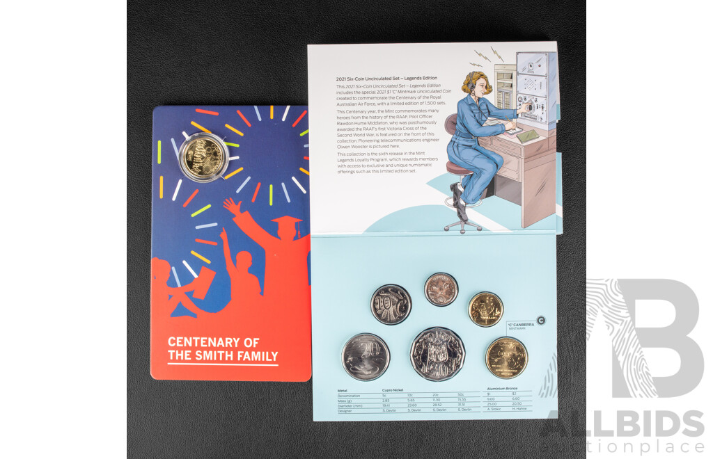 Australian RAM 2021 Six Coin Year Set, Heroes of the Skies and 2022 One Dollar, Centenary of the Smith Family
