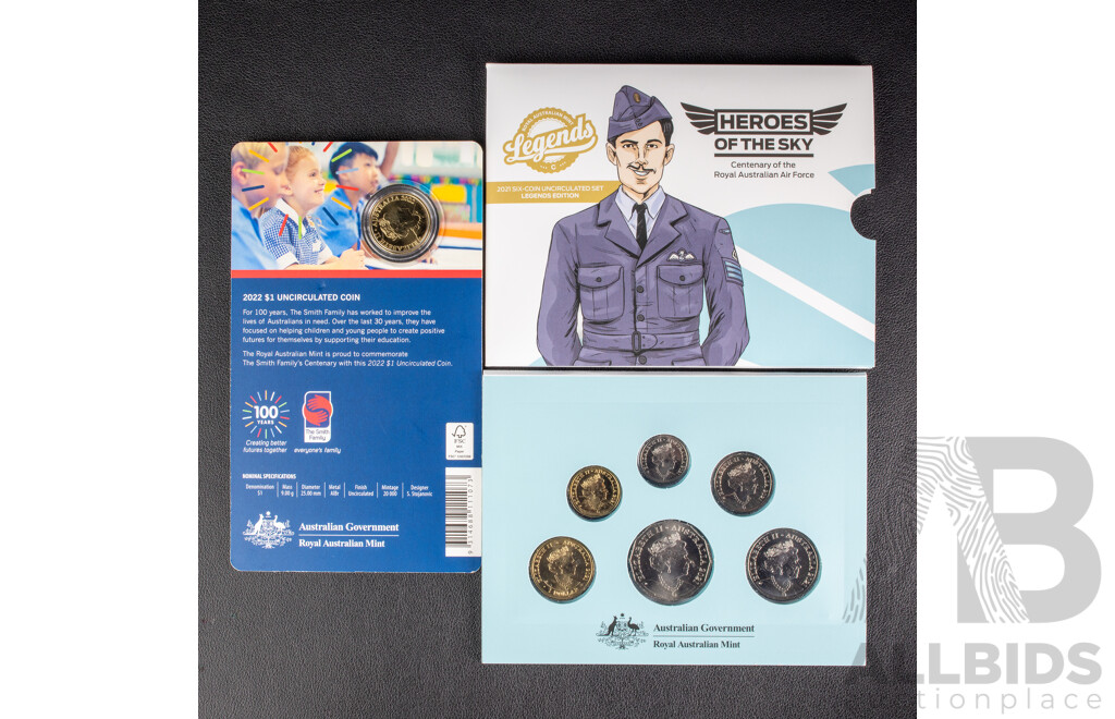 Australian RAM 2021 Six Coin Year Set, Heroes of the Skies and 2022 One Dollar, Centenary of the Smith Family