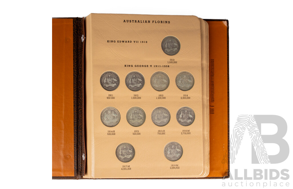 Dansco Album of Australian Silver Florins, Spanning 1910 to 1957, Mostly Complete, Forty Coins