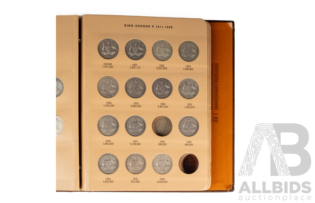 Dansco Album of Australian Silver Florins, Spanning 1910 to 1957, Mostly Complete, Forty Coins