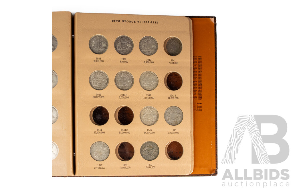 Dansco Album of Australian Silver Florins, Spanning 1910 to 1957, Mostly Complete, Forty Coins