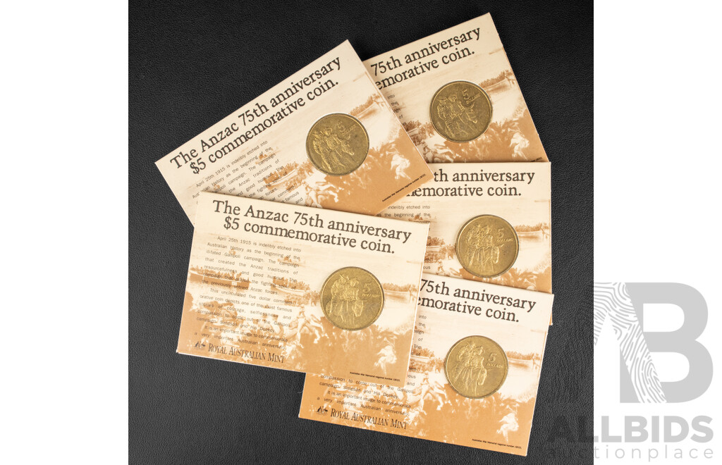 Five Australian RAM 1990 Five Dollar Coins, ANZAC 75th Anniversary