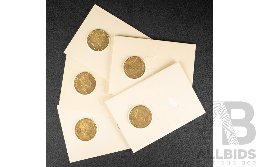 Five Australian RAM 1990 Five Dollar Coins, ANZAC 75th Anniversary