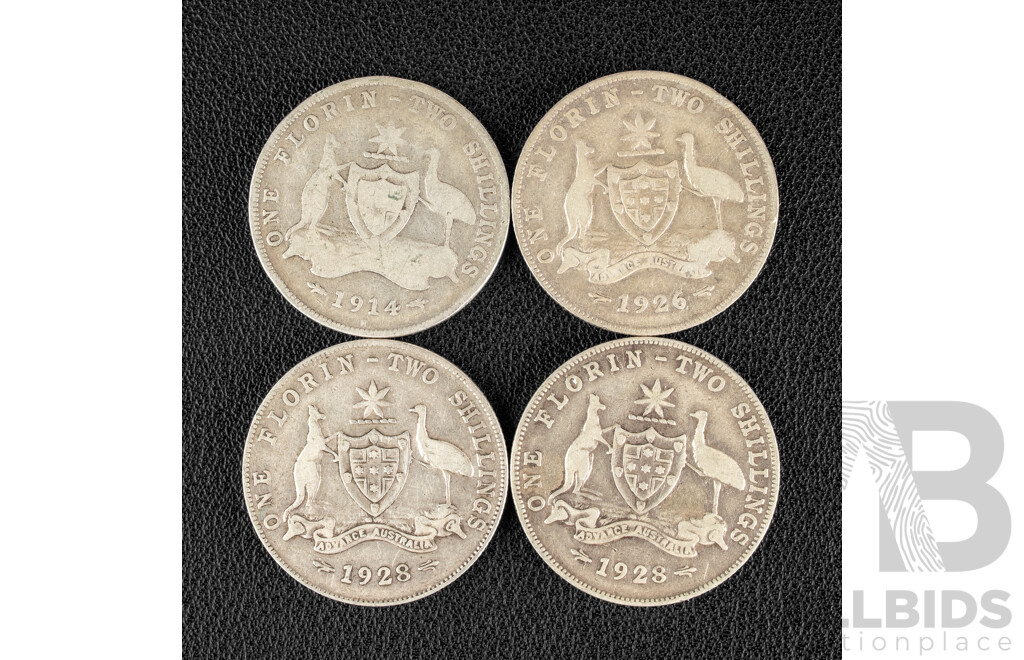 Four Australian Silver KGV Silver Florins Including 1914H, 1926, 1928(2) .925