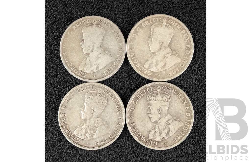 Four Australian Silver KGV Silver Florins Including 1914H, 1926, 1928(2) .925