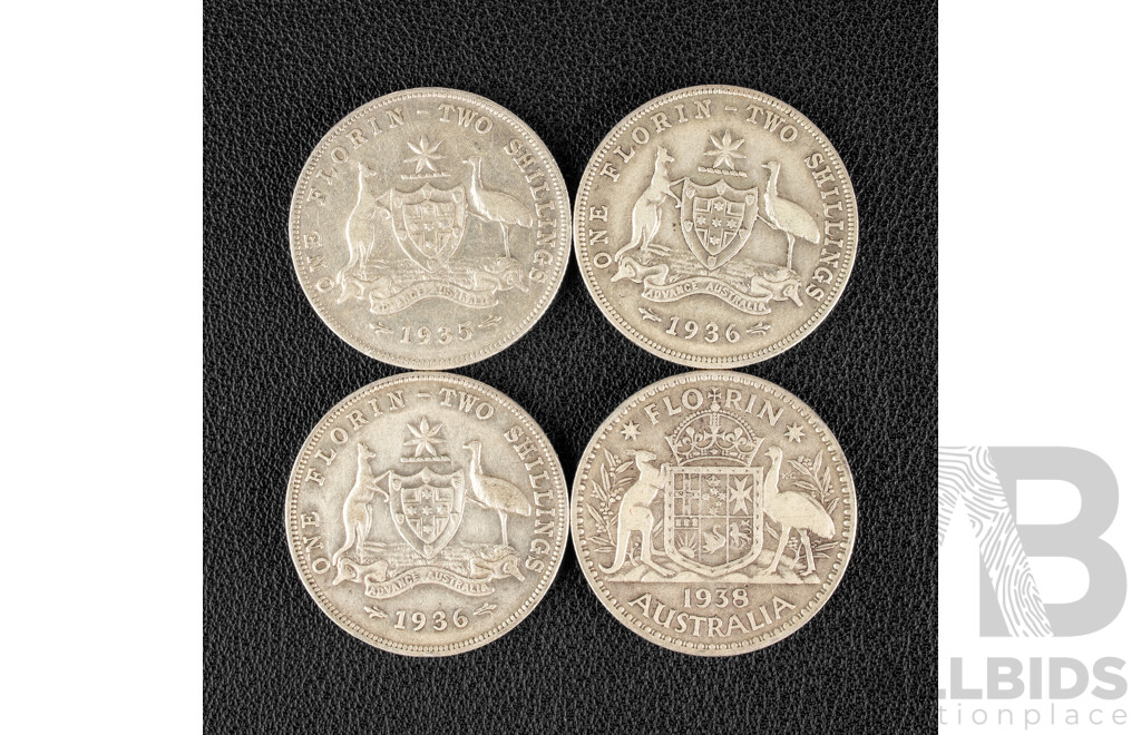 Four Australian Silver KGV/KGVI Silver Florins Including 1935, 1936(2) 1938 .925