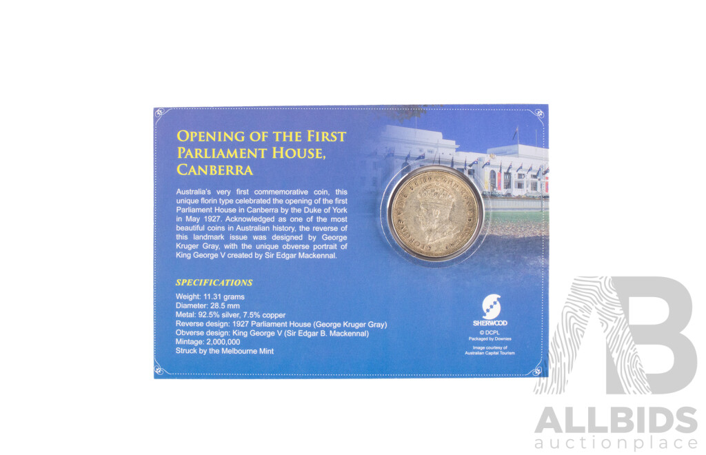 Australian KGV 1927 Florin, Canberra Commemorative .925
